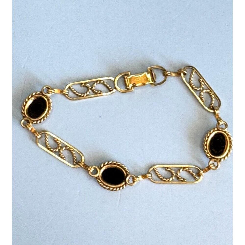 Vintage Van Dell 14K GF Yellow Gold Filigree Jet Black Onyx Link Bracelet 7 1/2" - Picture 4 of 5